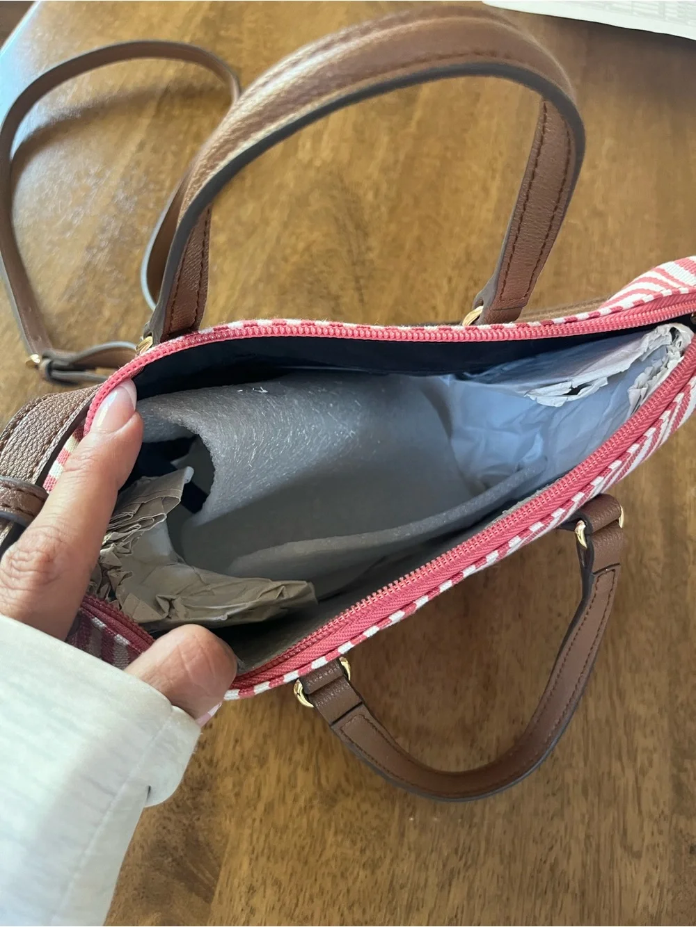 Tommy Hilfiger Red & White Striped Satchel with Brown Trim